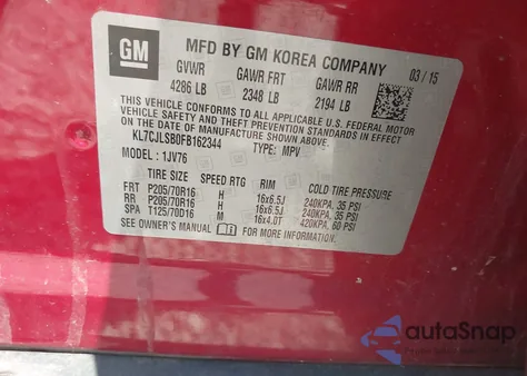 2015 Chevrolet Trax Lt from USA, damaged, VIN KL7CJLSB0FB162344